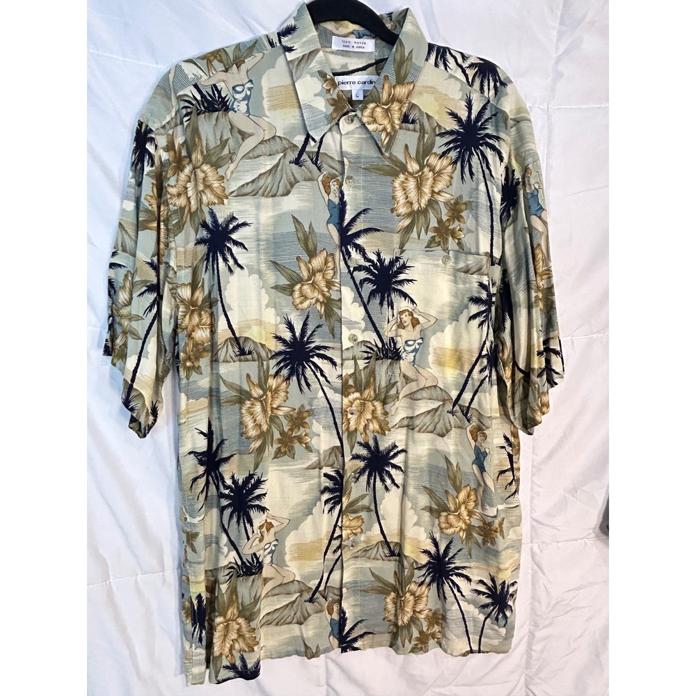 Pierre Cardin Mens Large Tropical Pin Up Girl Print Rayon‎ Button Up Shirt L